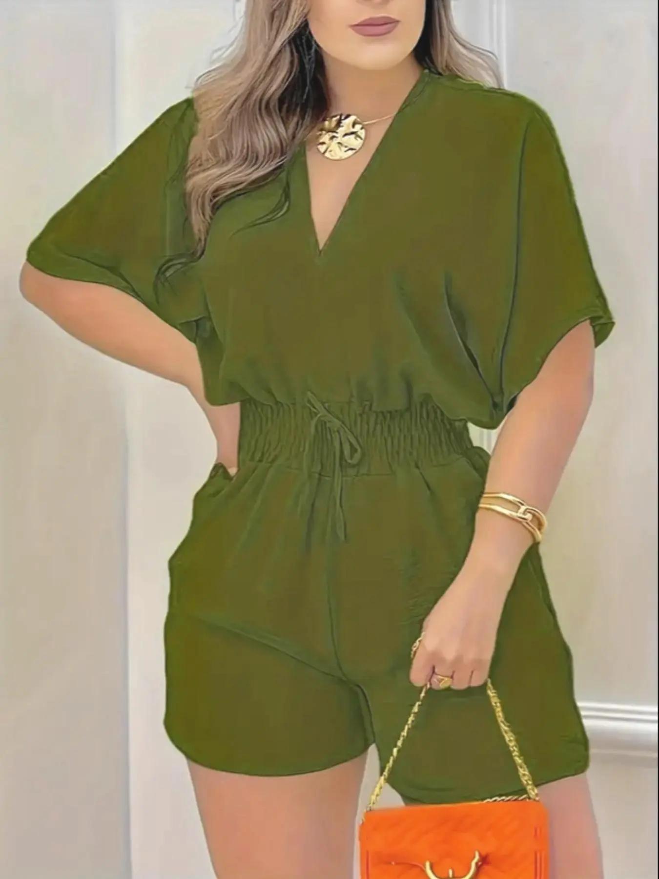 Women's Plain Drawstring Shirred Waist V Neck Romper