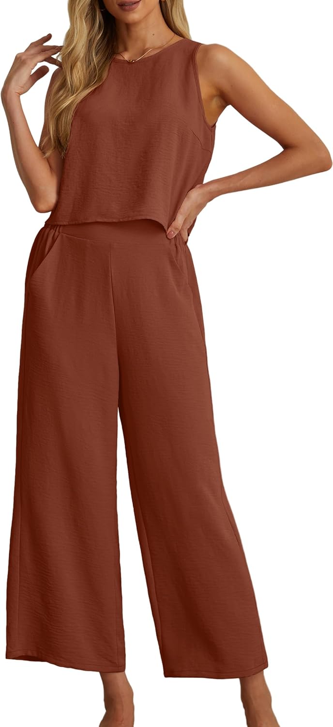 Women's Summer 2 Piece Outfits Set Round neck Sleeveless Tank Crop Top Wide Leg pants Set Pockets Jumpsuits