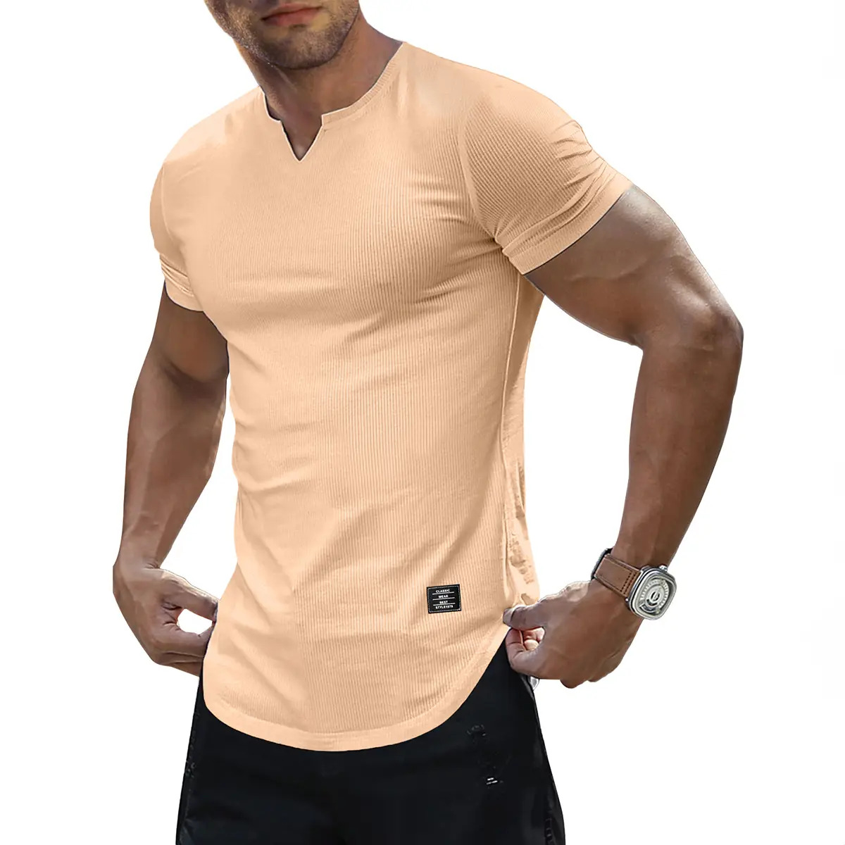 Men's Solid-Color Slim-Fit Long V-Neck T-Shirt