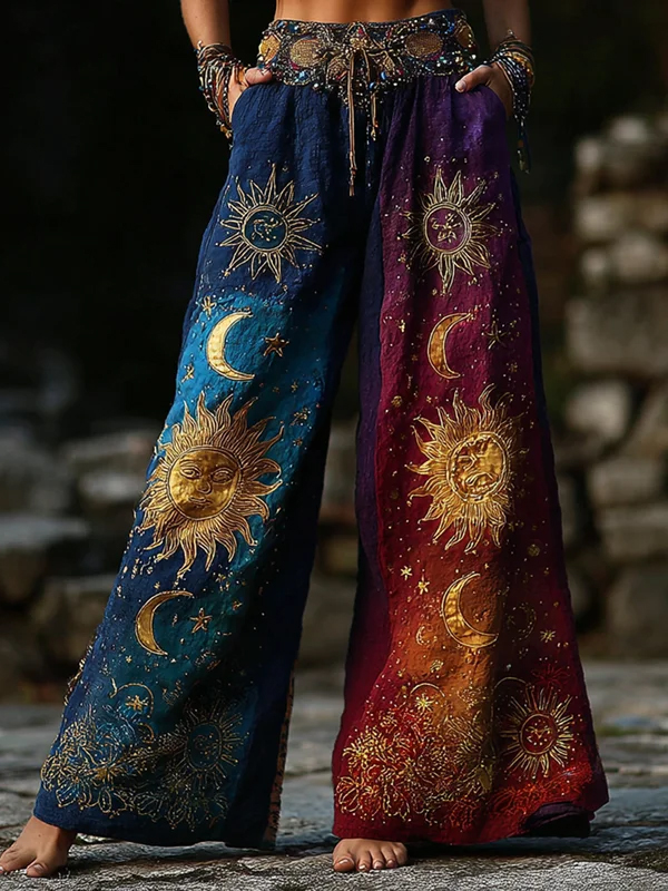 Women's Contrast Color Hippie Art Sun and Moon Graphic Print Casual Pants