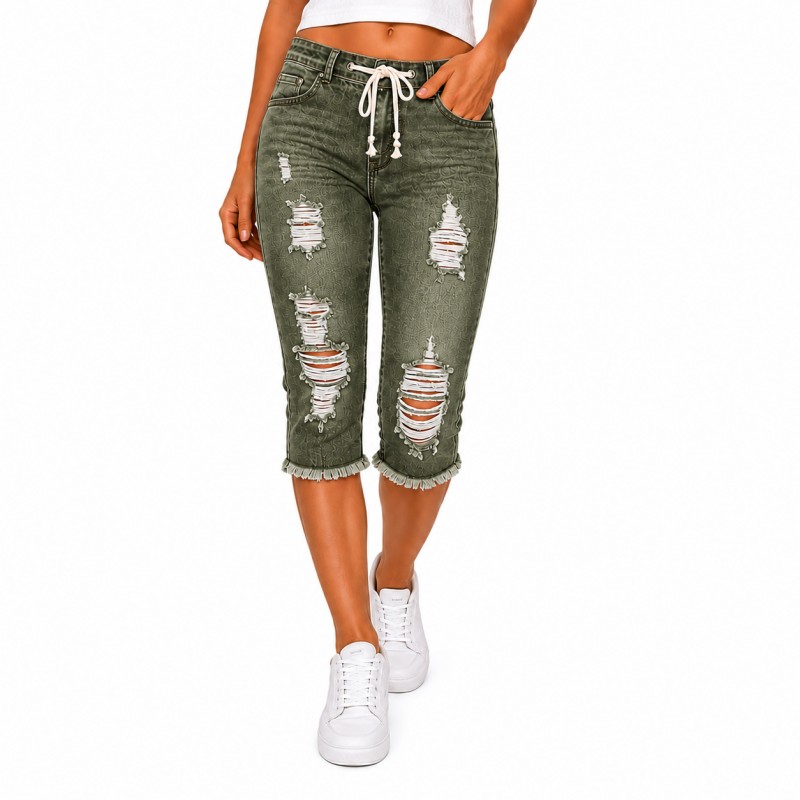 Fashion Distressed Ripped Capri Jeans Plus Size Casual High-Waisted Drawstring Waist Denim Cropped Pants