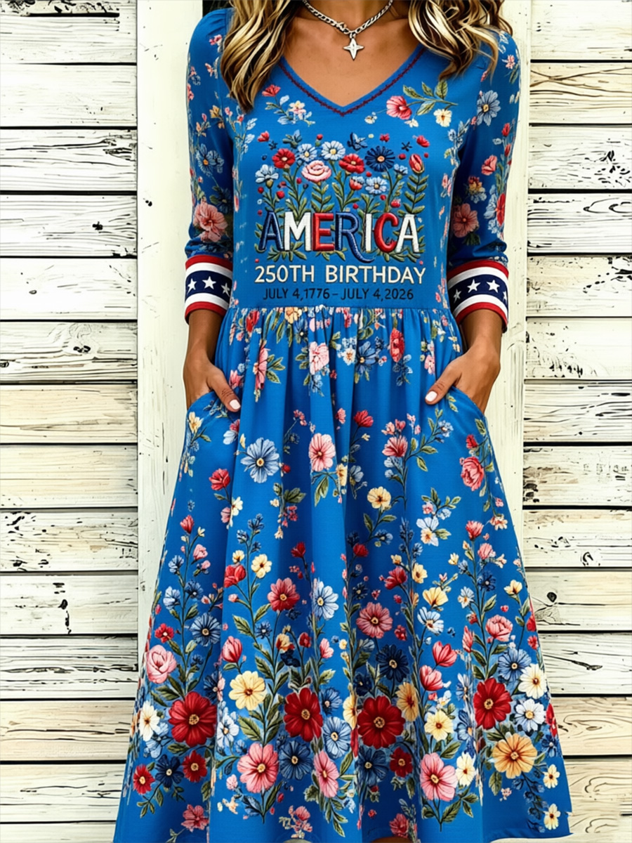 Women'S Retro Independence Day Rose Pattern Casual Round Neck Dress