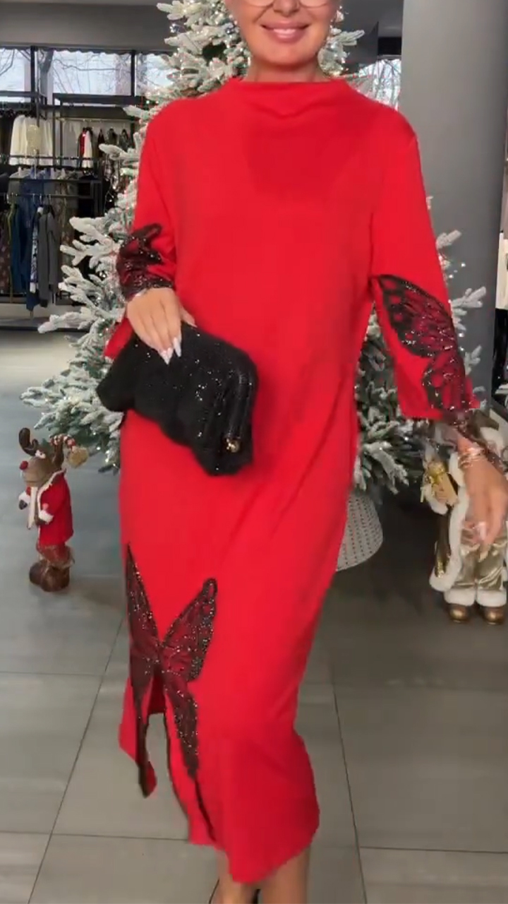 Women Round Neck Butterfly Print Rhinestone Loose Casual Dress