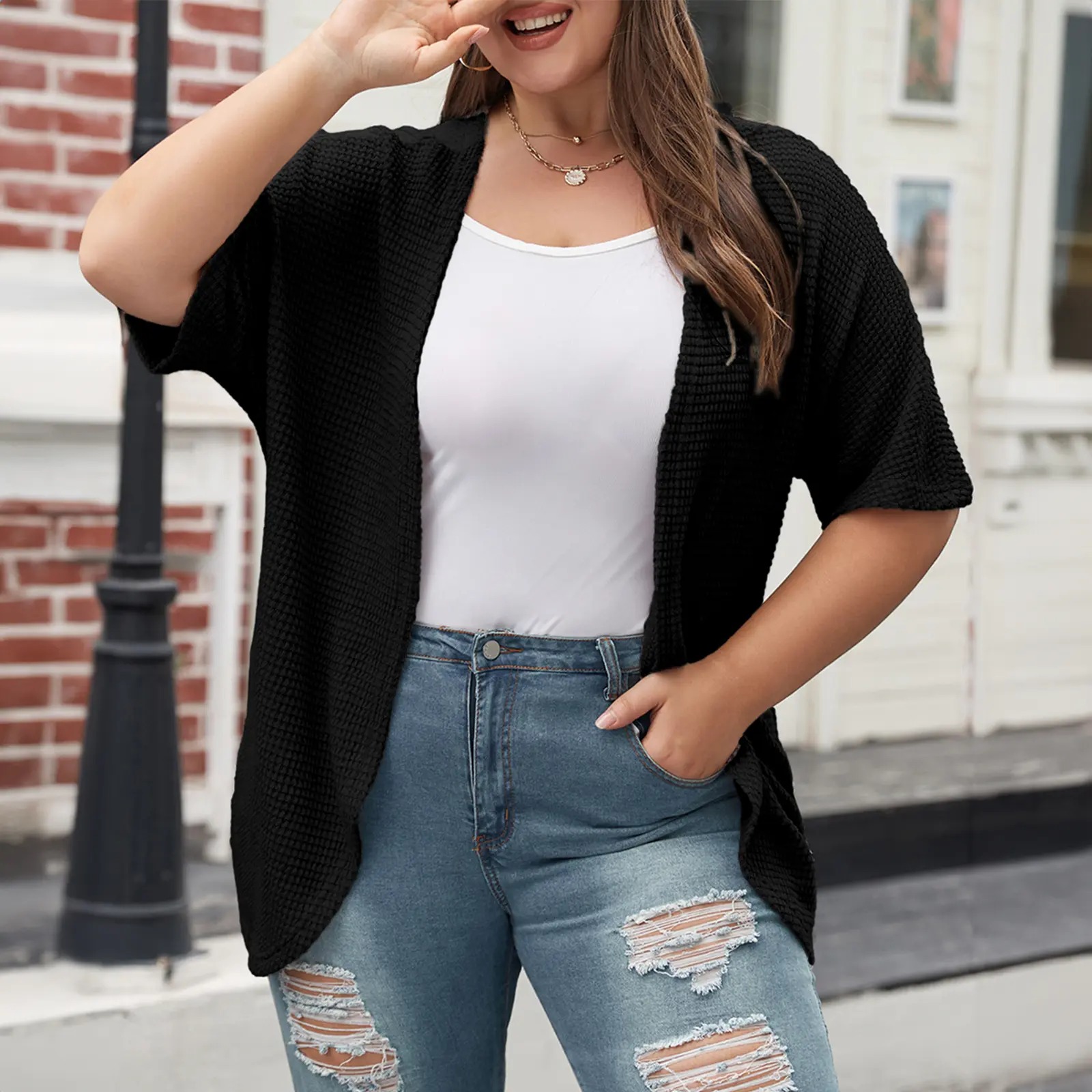 Women's Plus Size Cardigan Casual Short Sleeve Waffle Knit Kimono Open Front Tops(1X-5X)