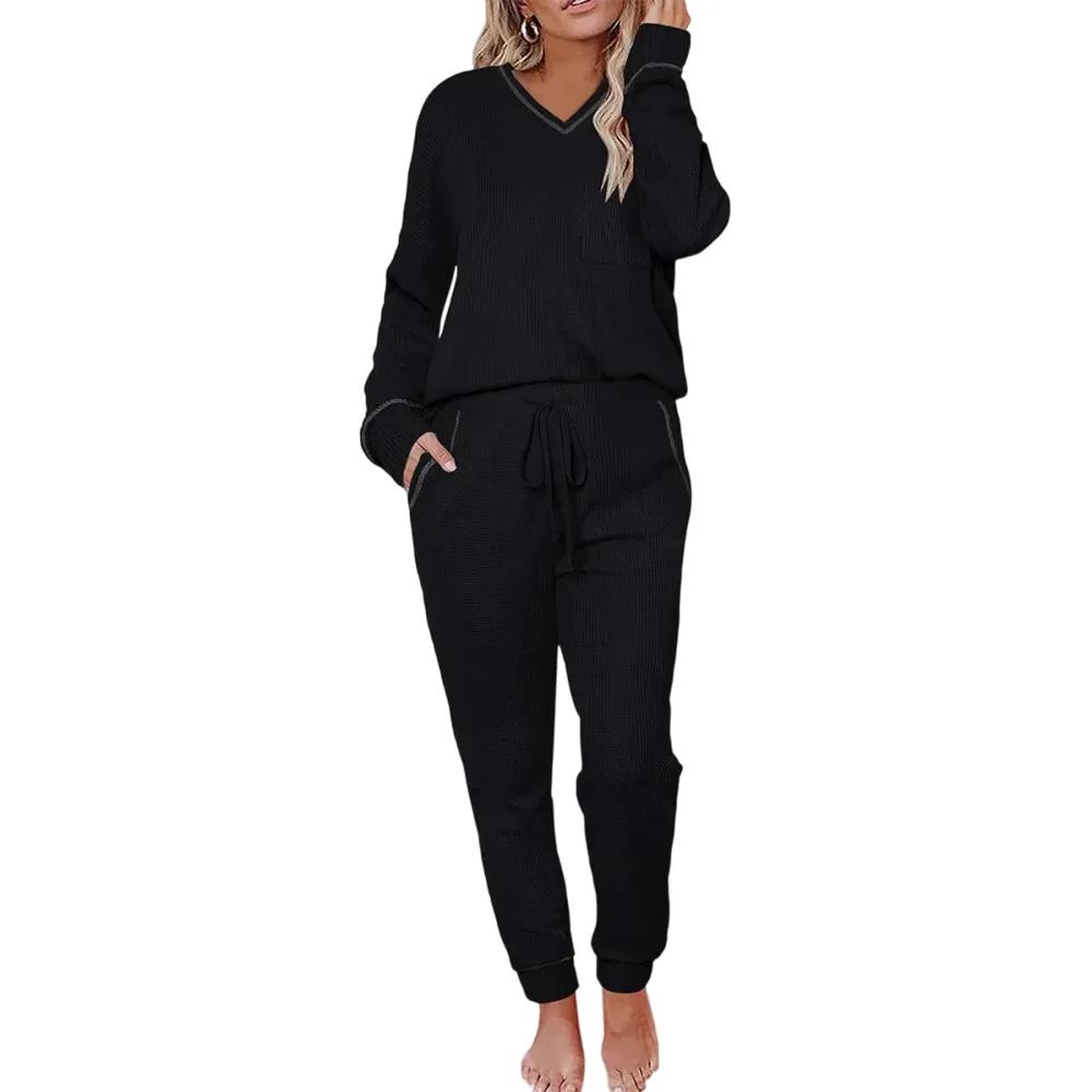 V-neck waffle knit top and pants casual set