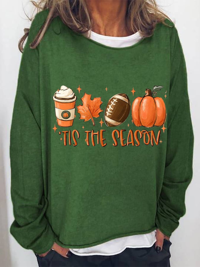 Women's TIS THE SEASON football latte leaves Pumpkin Fall T-Shirt