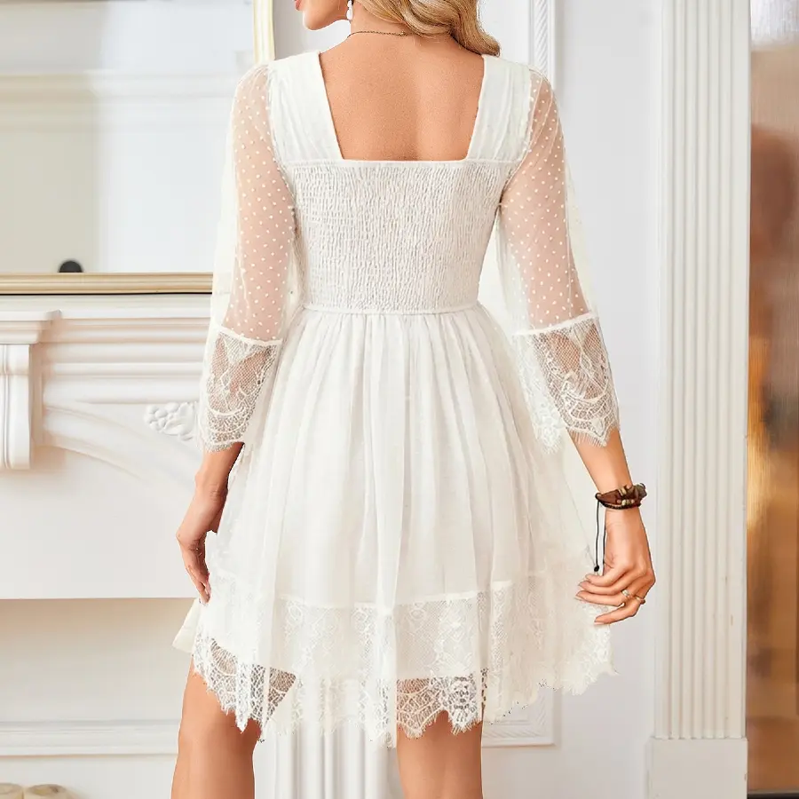 Boho Lace Deep V Bow Tie Mini Dress