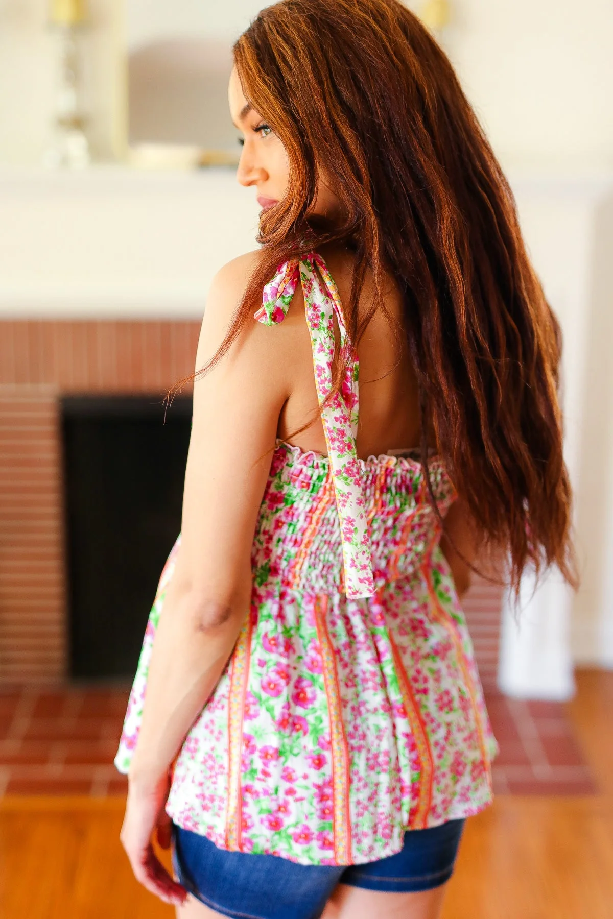 Summer Days Floral Smocked Shoulder Tie Top in Ivory & Fuchsia