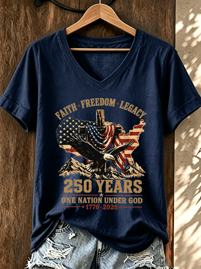 Women's 250Th Anniversary Commemorative Faith Printed V-Neck T-Shirt