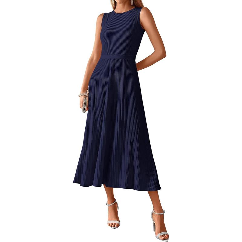 Women's Midi Bodycon Tank Dress Summer Crewneck Rib Knit Sleeveless Pleated Swing A Line Business Casual Dresses