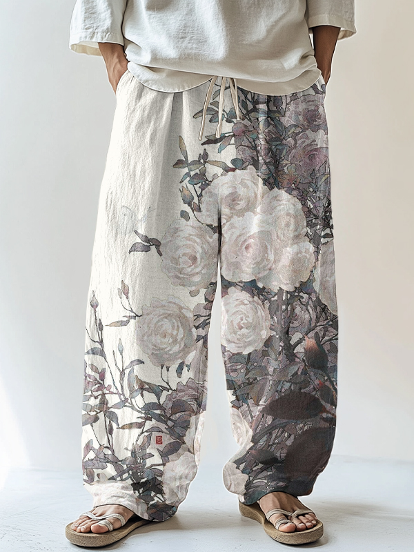 Men's White Roses And Butterflies Print Casual Pants