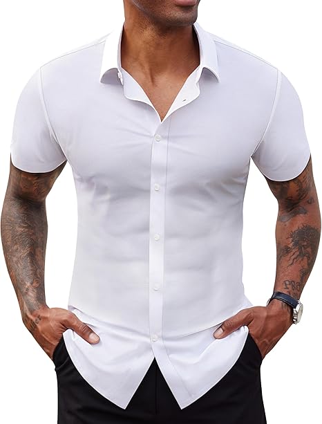 Stretch Dress Shirts for Men Short Sleeve Slim Fit