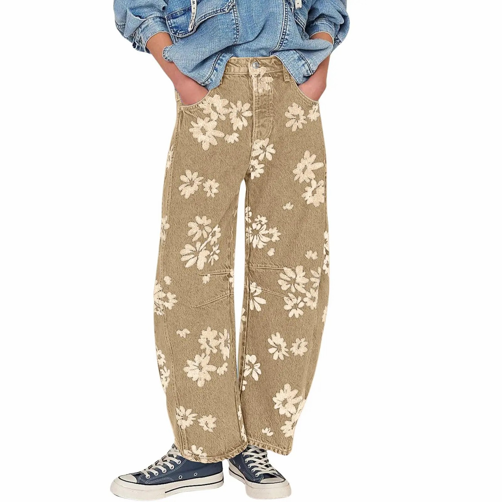 Women's Y2K Floral Printed Wide Leg Jeans – Loose Boyfriend Style Barrel Denim