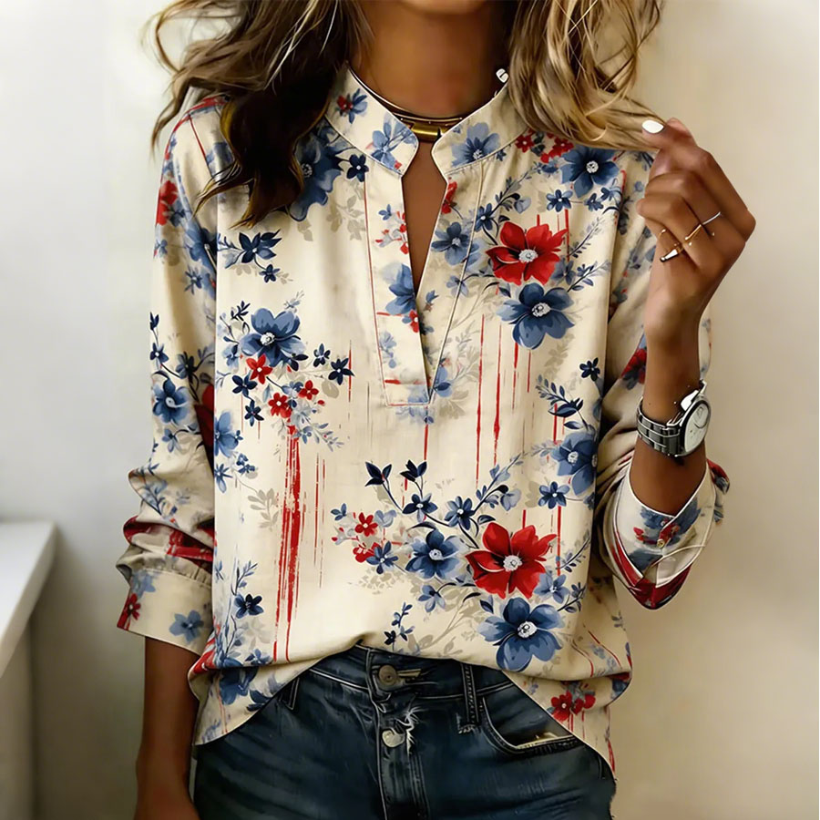Women'S Retro American Independence Day 250Th Anniversary Flower Art Printed V-Neck Long Sleeve Shirt