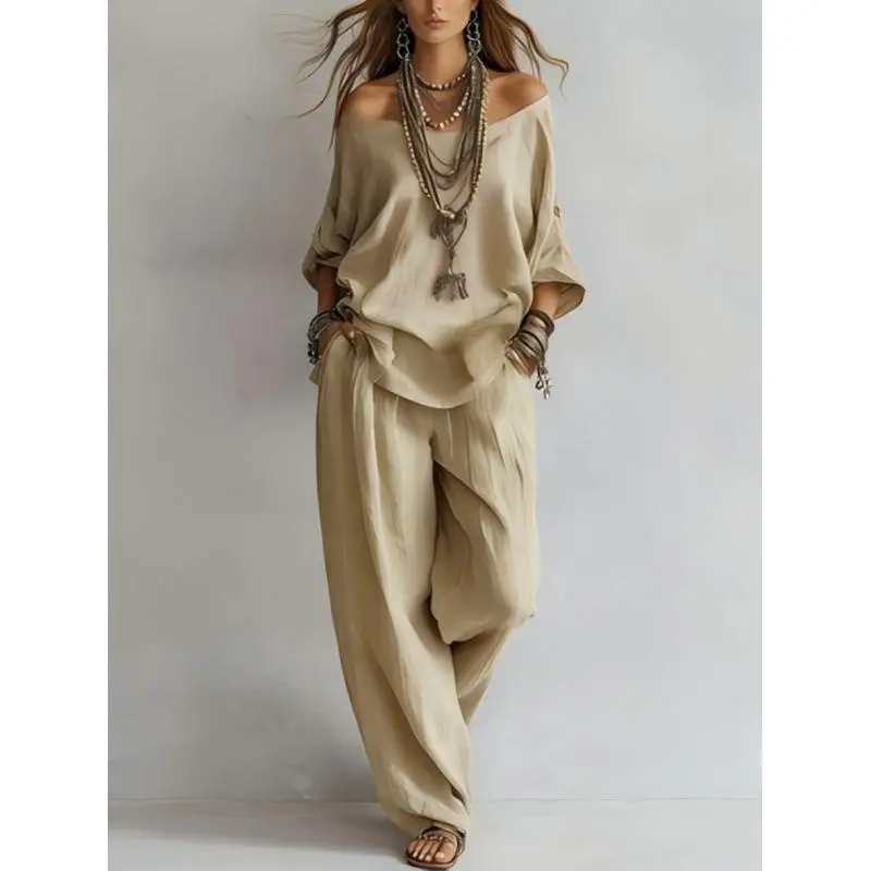 Women's 2-Piece Set, Summer New Casual Elegant Commuting Outfit with Loose 7-Quarter-Sleeved Top and Wide-Leg Pants