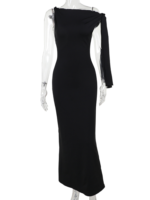 Asymmetric Solid Color Split-Joint Streamer Skinny Sleeveless One-shoulder Maxi Dresses Evening Dresses