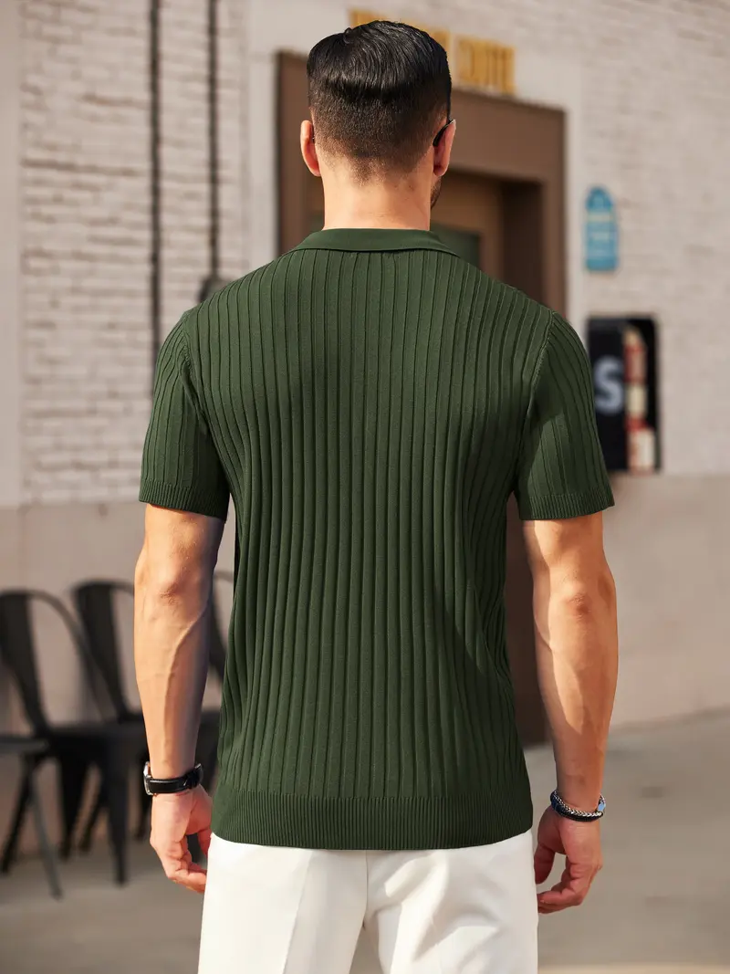 Men's Zipper Polo Shirts Short Sleeve Ribbed Knit Polo T Shirts