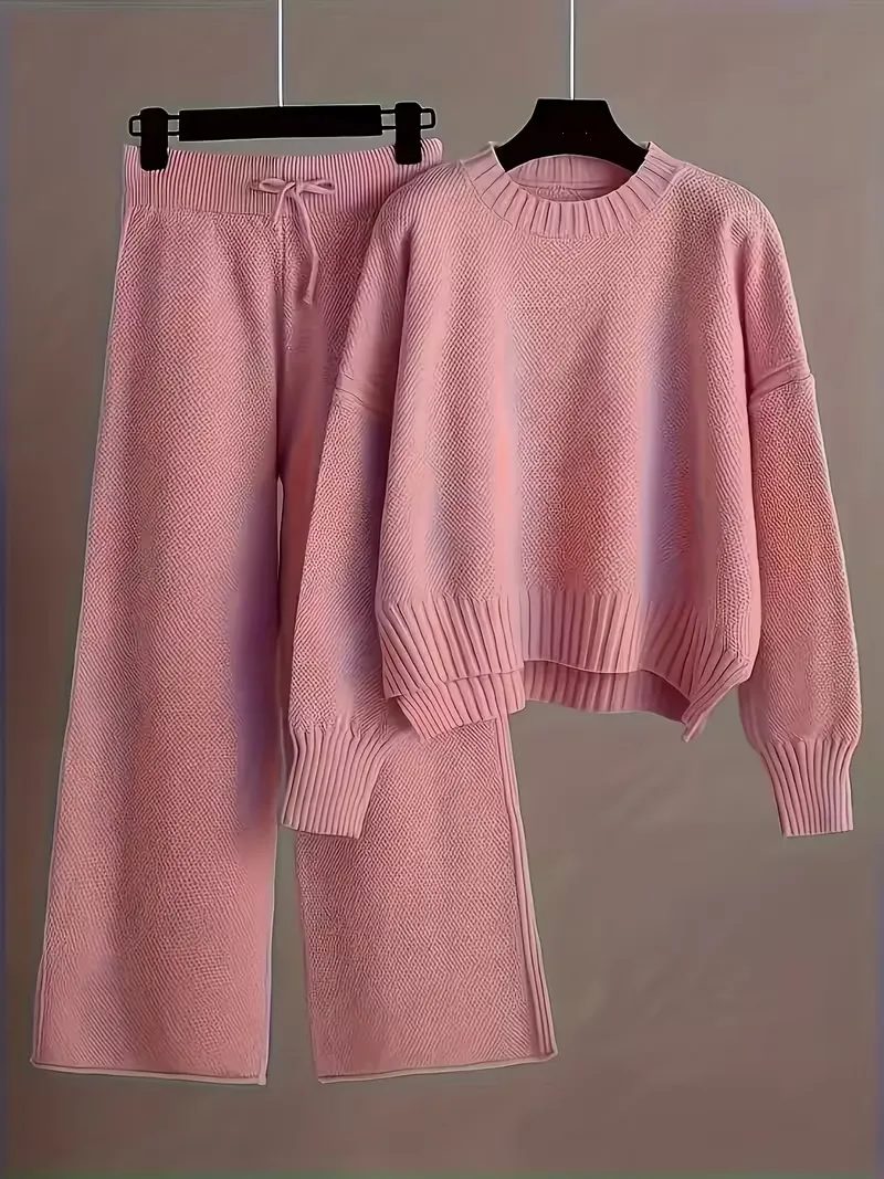 Elegant Seed Stitch Knit Sweater & Wide-Leg Pants Two-Piece Set