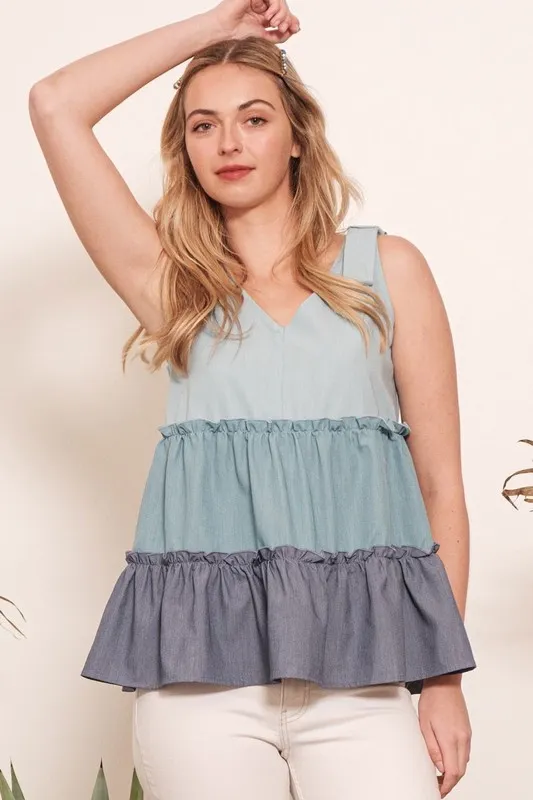 Color Block V-Neck Baby Doll Sleeveless Top