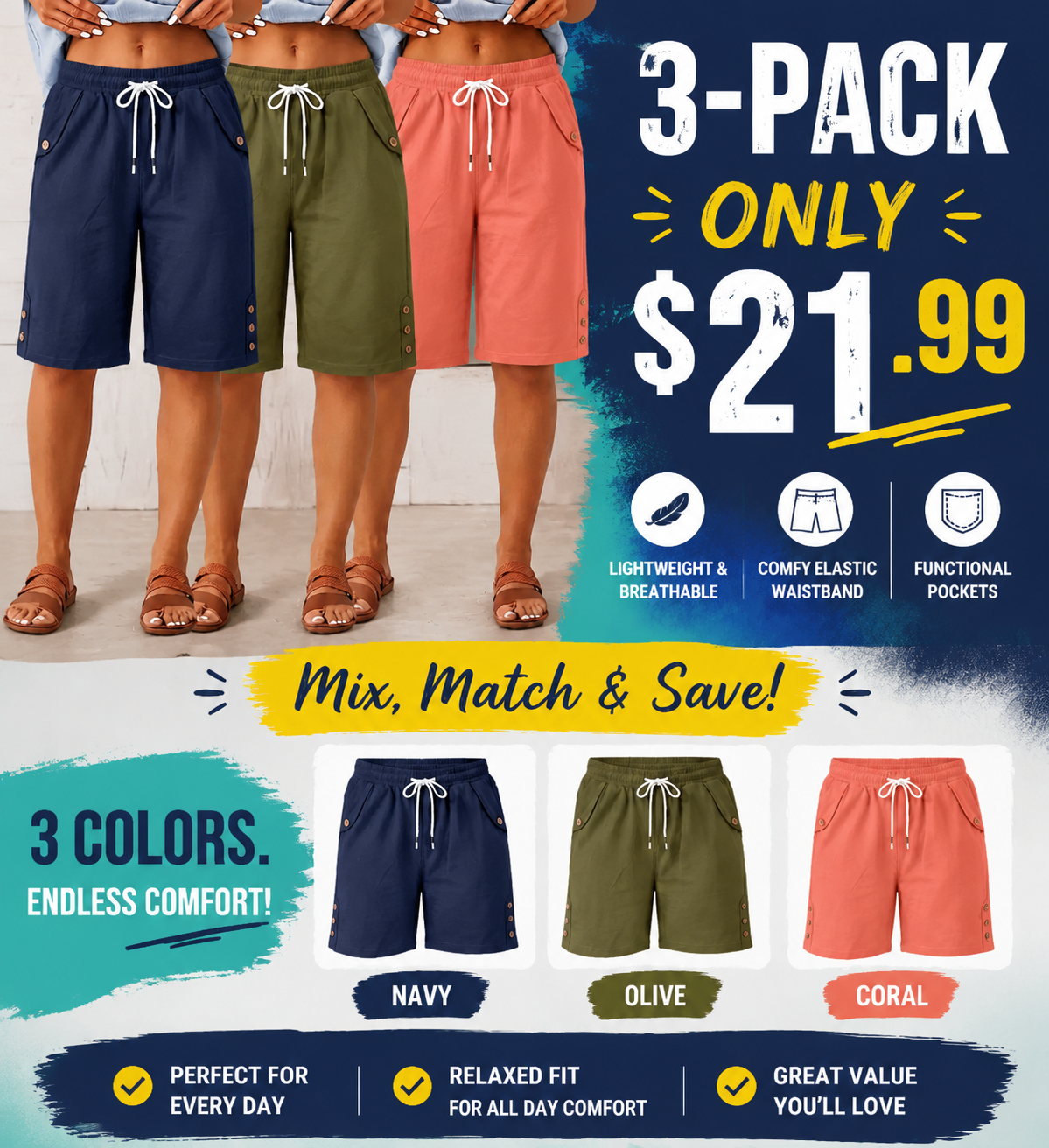 Women's Loose Bermuda Shorts – Elastic Waist with Drawstring
