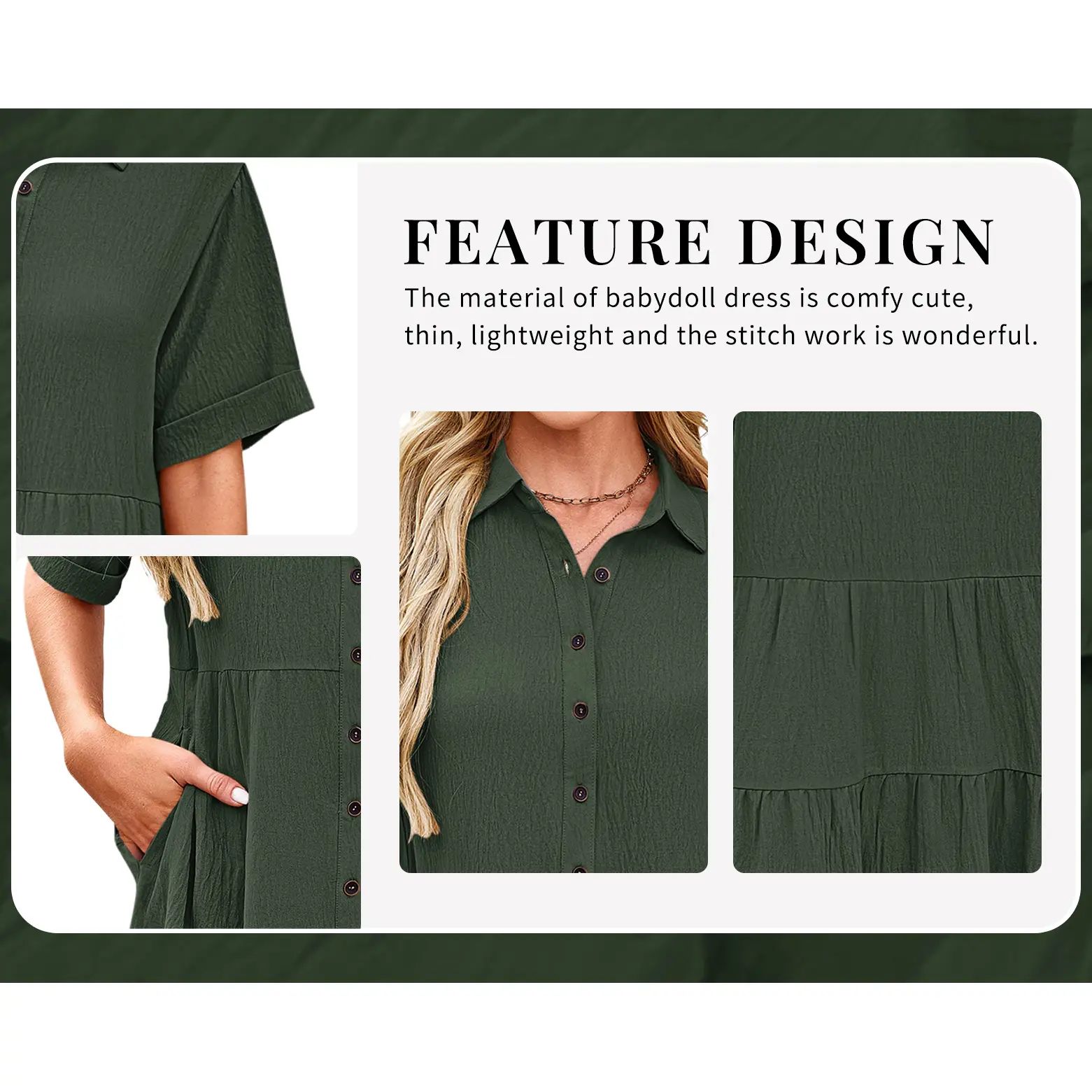 Babydoll Dress for Women Short Sleeve Button Down Textured Non-clingy Loose Fit Flowy Mini Dress with Pockets