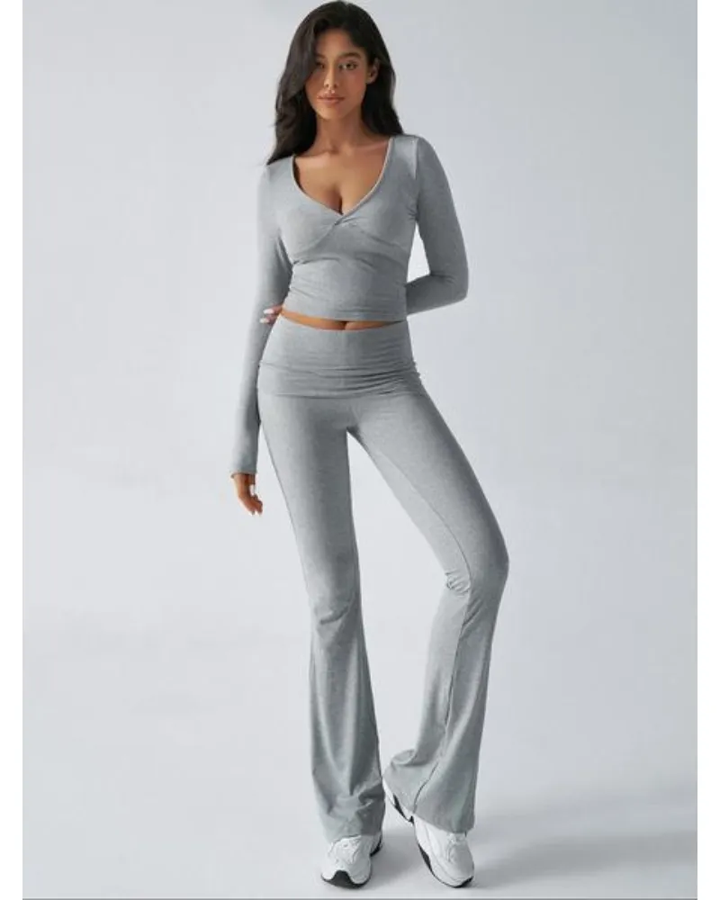 Elegant Casual V-Neck Long Sleeve Basic Two-Piece Outfit Set