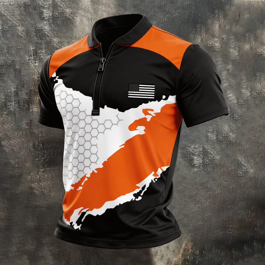 Men'S Retro American Flag Zipper Short Sleeve Polo Shirt