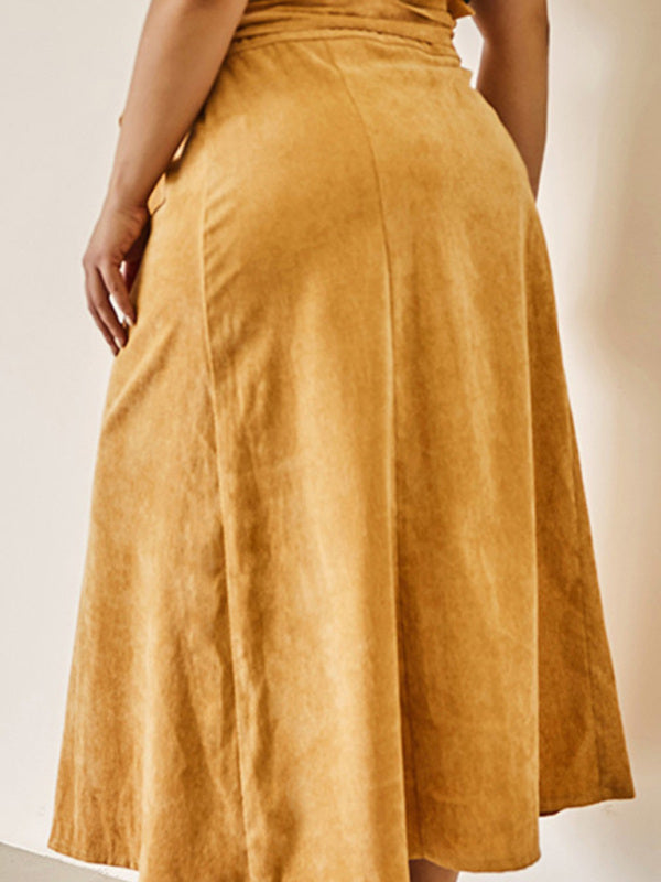Plus Size Slim High Waist Corduroy Belt Single Breasted A Line Skirt