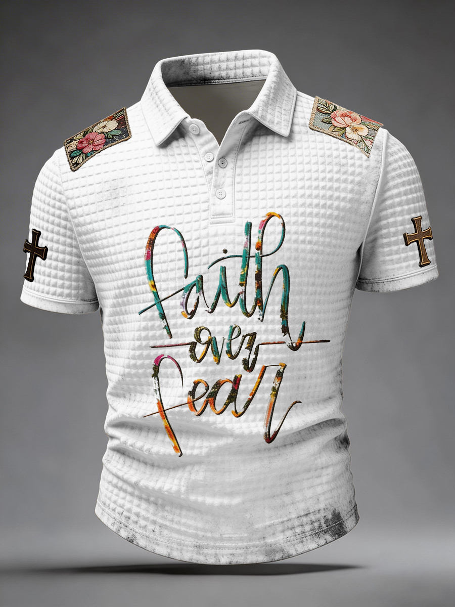 Faith Over Fear Floral Patch Waffle Knit Polo Shirt