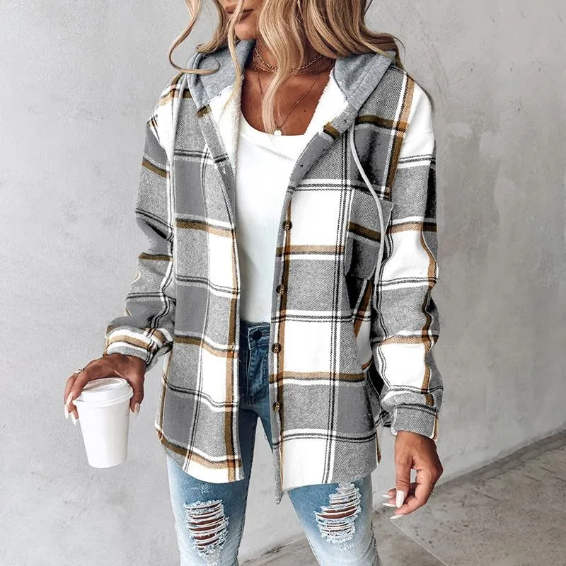 Women's Plaid Pattern Long Sleeve Shacket Button Down Fleece Lined Hooded Jackets Warm Coat