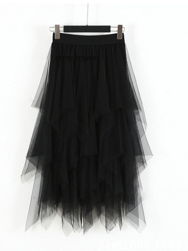 Fairy Mesh Splicing Solid Color High Waist Midi Skirt