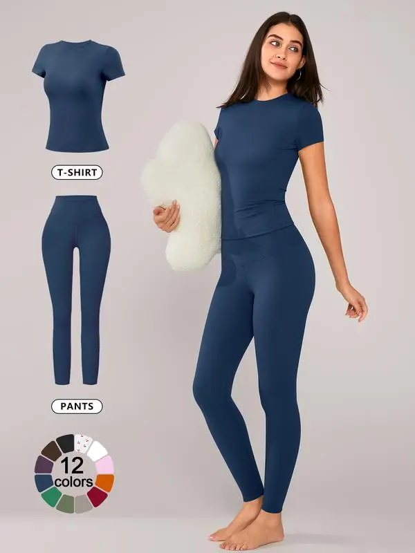 Women's Solid Short Sleeve Tee & Leggings Loungewear, Casual Comfy Round Neck Top & Skinny Pants PJ Set