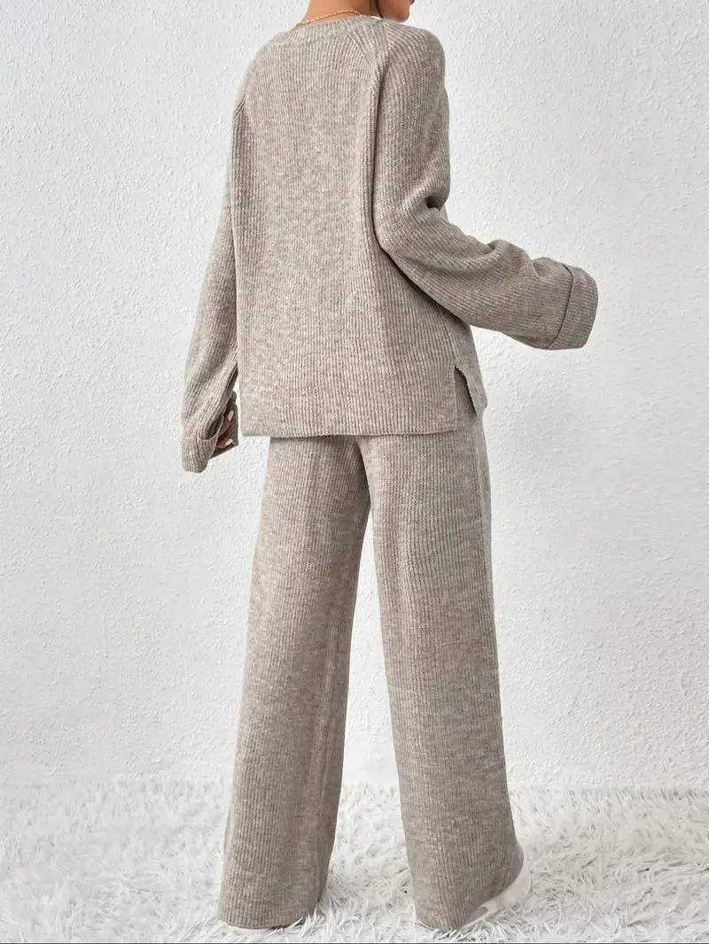 Women's Raglan Sleeve Split Long Sleeve Sweater & Elastic Waist Pants Set