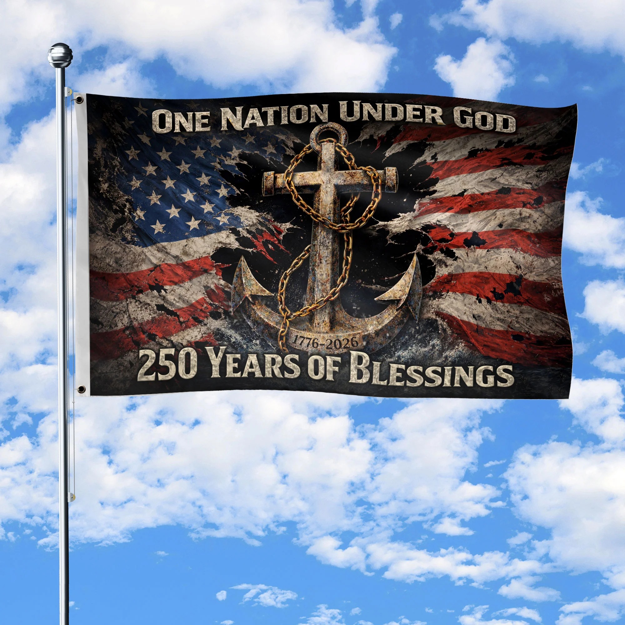 250 Years of Blessings Christian Flag 1776–2026 – Anchor Cross & Chain
