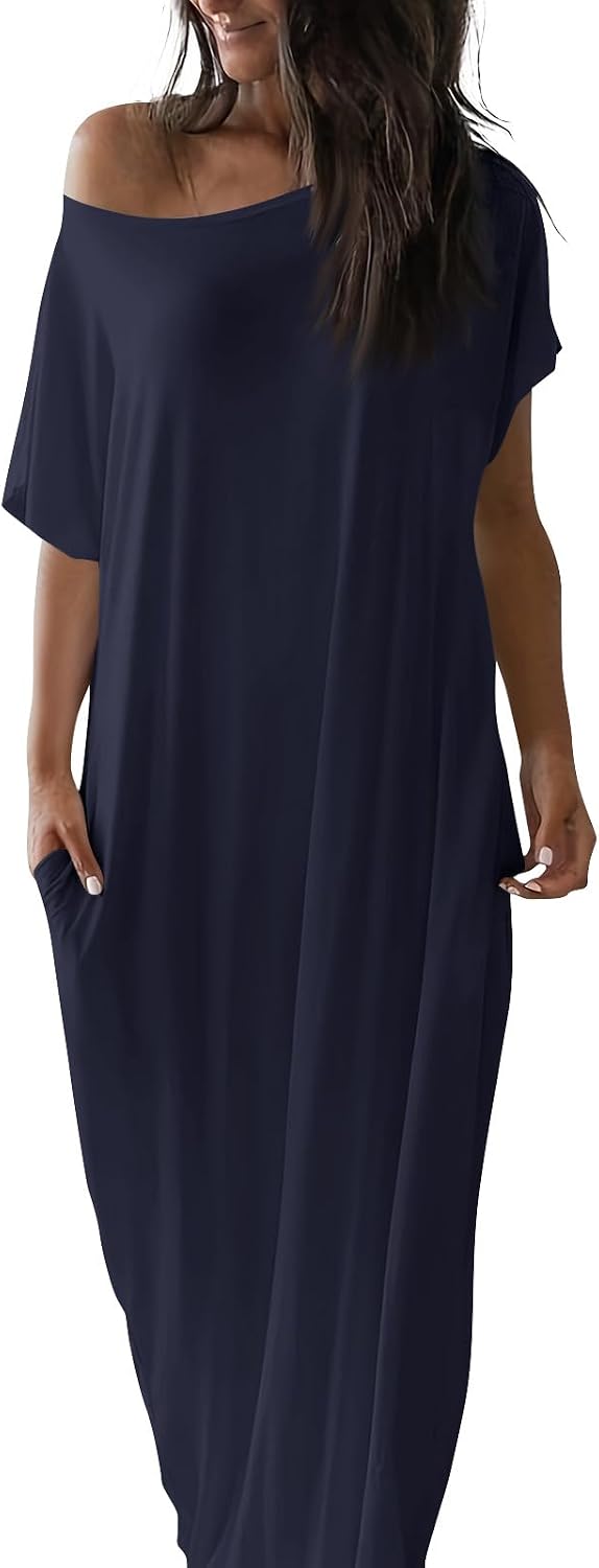 Womens Off the Shoulder Dress Batwing Short Sleeve Long Tshirt Dress with Pockets Casual Summer Loose Lounge Dresses