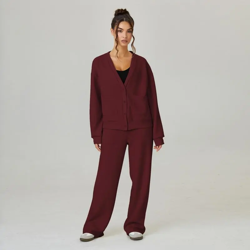 Women's Minimalist Solid Color V Neck Long Sleeve Button Cardigan & Drawstring Waist Trousers Co-ord, Soft Fall & Winter Two Piece Outfits
