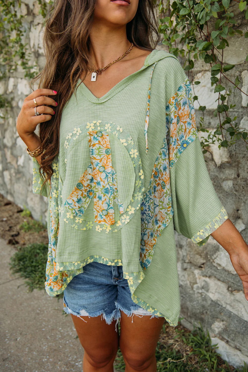 Jet Stream Floral Peace Sign Graphic Drop Shoulder Wide Sleeve Casual Top