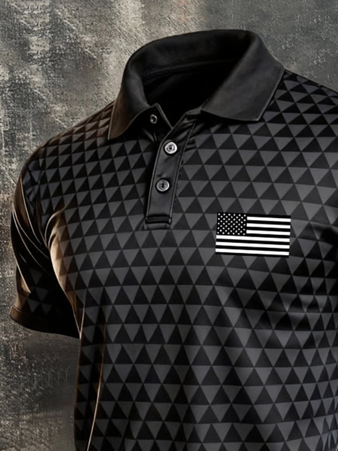 Men's Retro Patriotic Color-Block Short-Sleeve Polo Shirt
