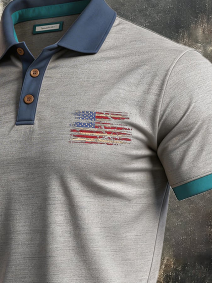 Men's Retro Patriotic Color-Block Short-Sleeve Polo Shirt