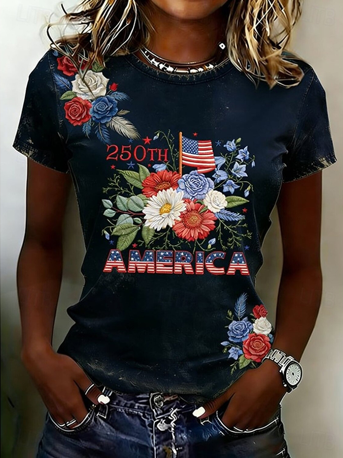 Ladies' Casual American National Day Floral Print Round Neck T-Shirt