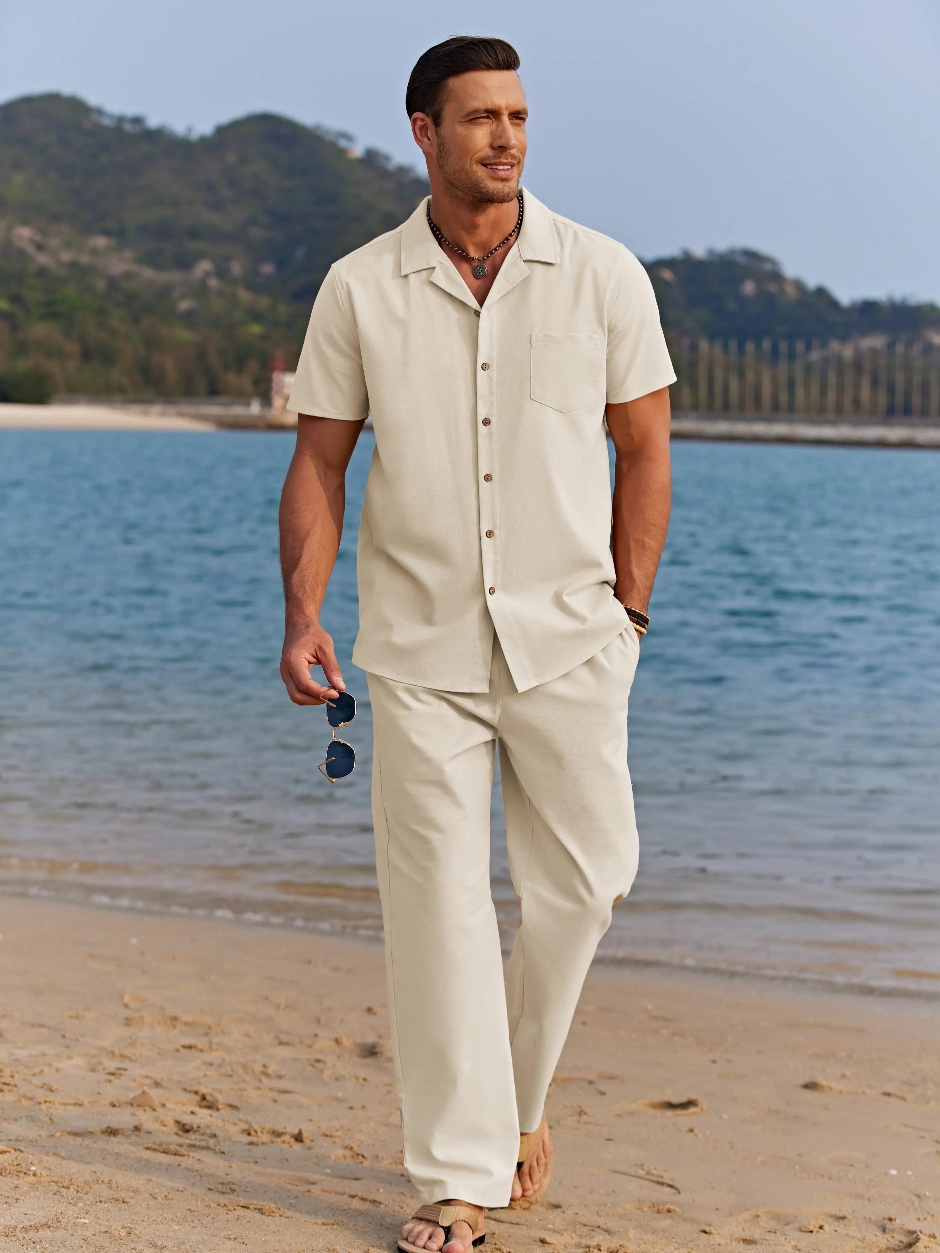 Men's 2-Pack Linen Beach Set – Camp Collar Button Down Shirt & Loose Drawstring Pants, Breathable Summer Outfit