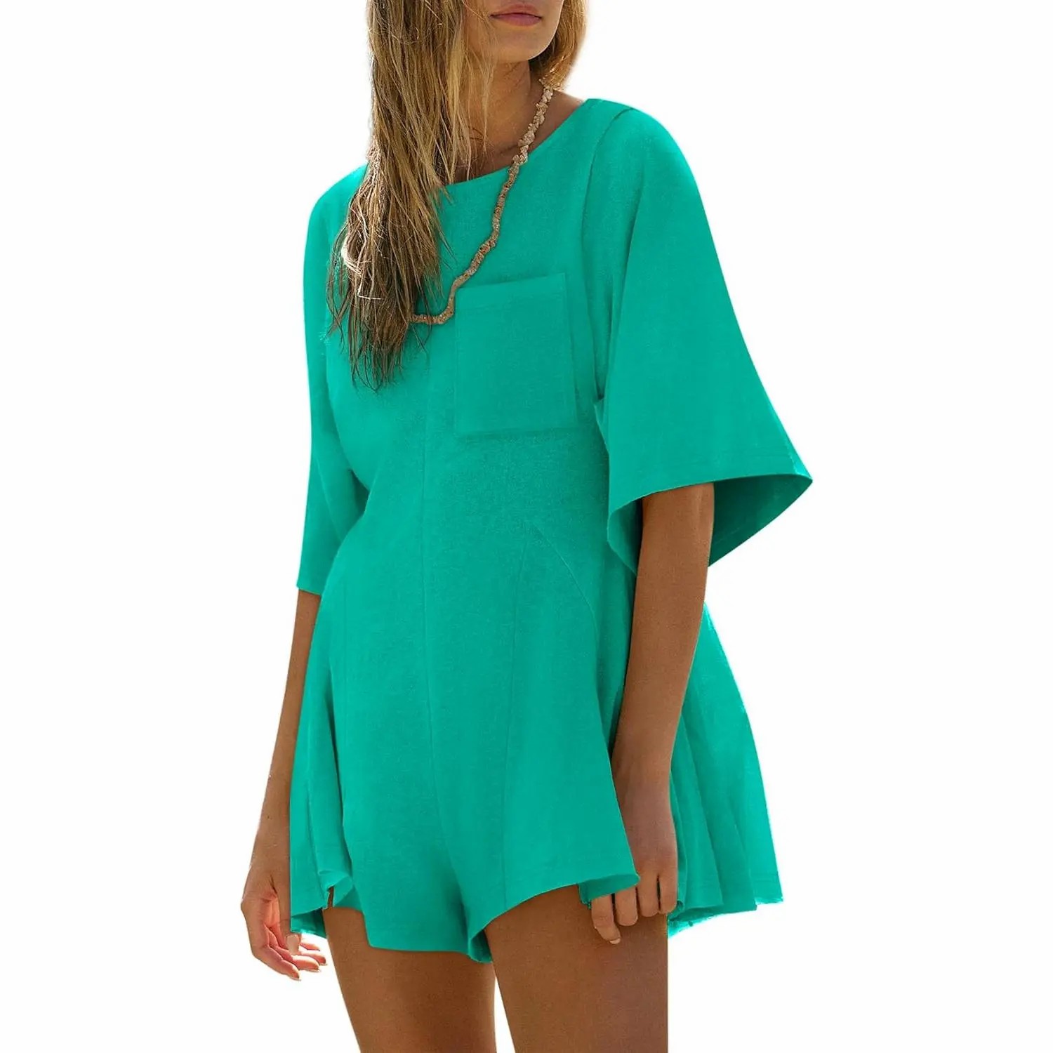 Women's Short Sleeve Loose Jumpsuit – Casual Crew Neck Romper with Pockets