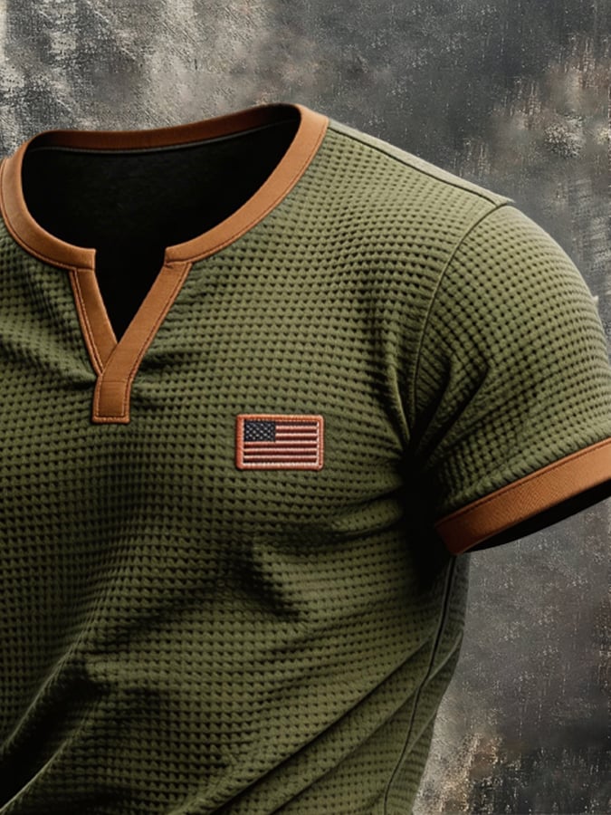 Men's Retro Color-block Waffle-Knit Henley T-Shirt