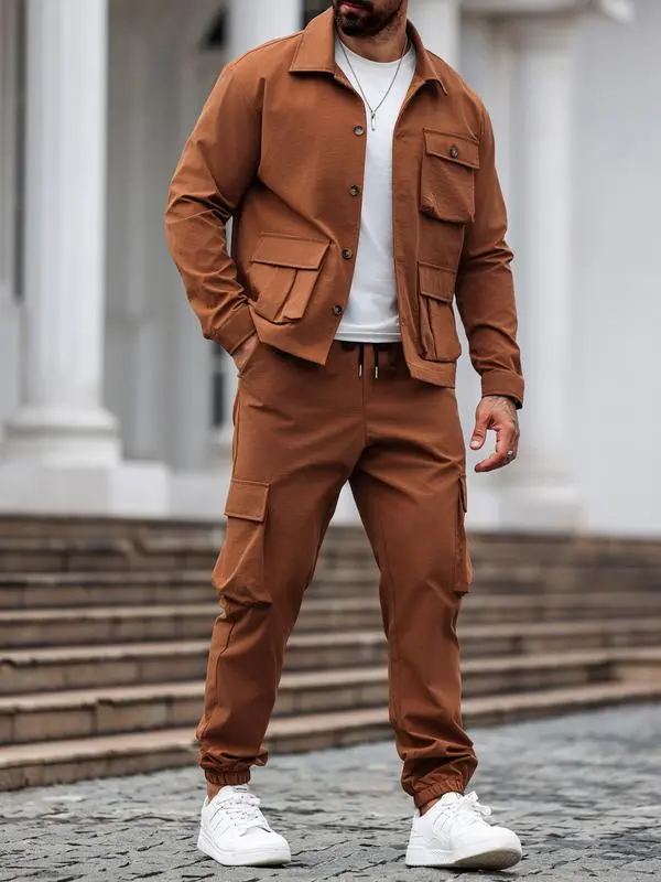 Men's Casual Solid 2-Piece Shirt & Pants Set (Long Sleeve, Spring & Fall)