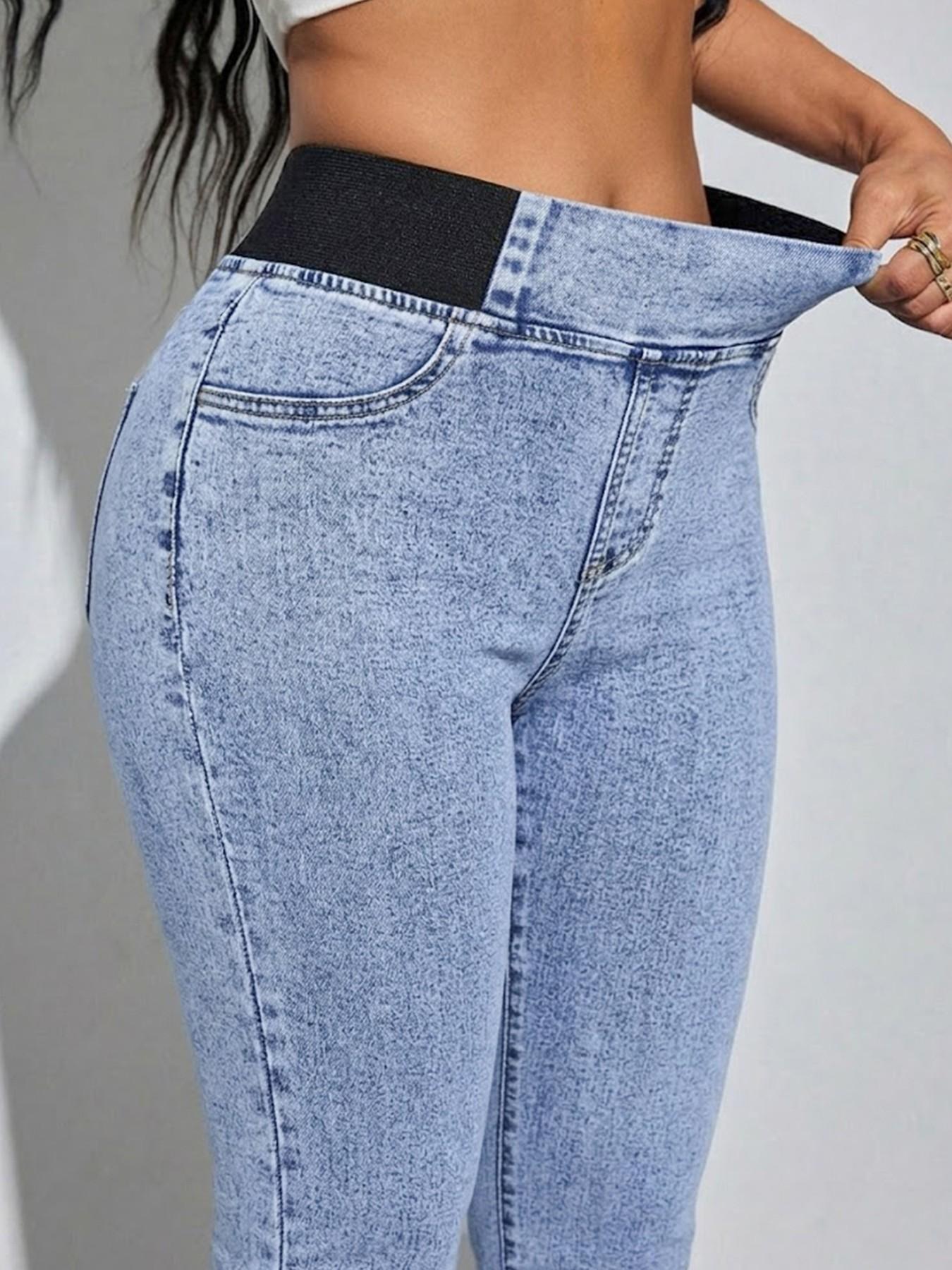 Women's Solid-Color Mid-Rise Stretch Denim Cropped Pants