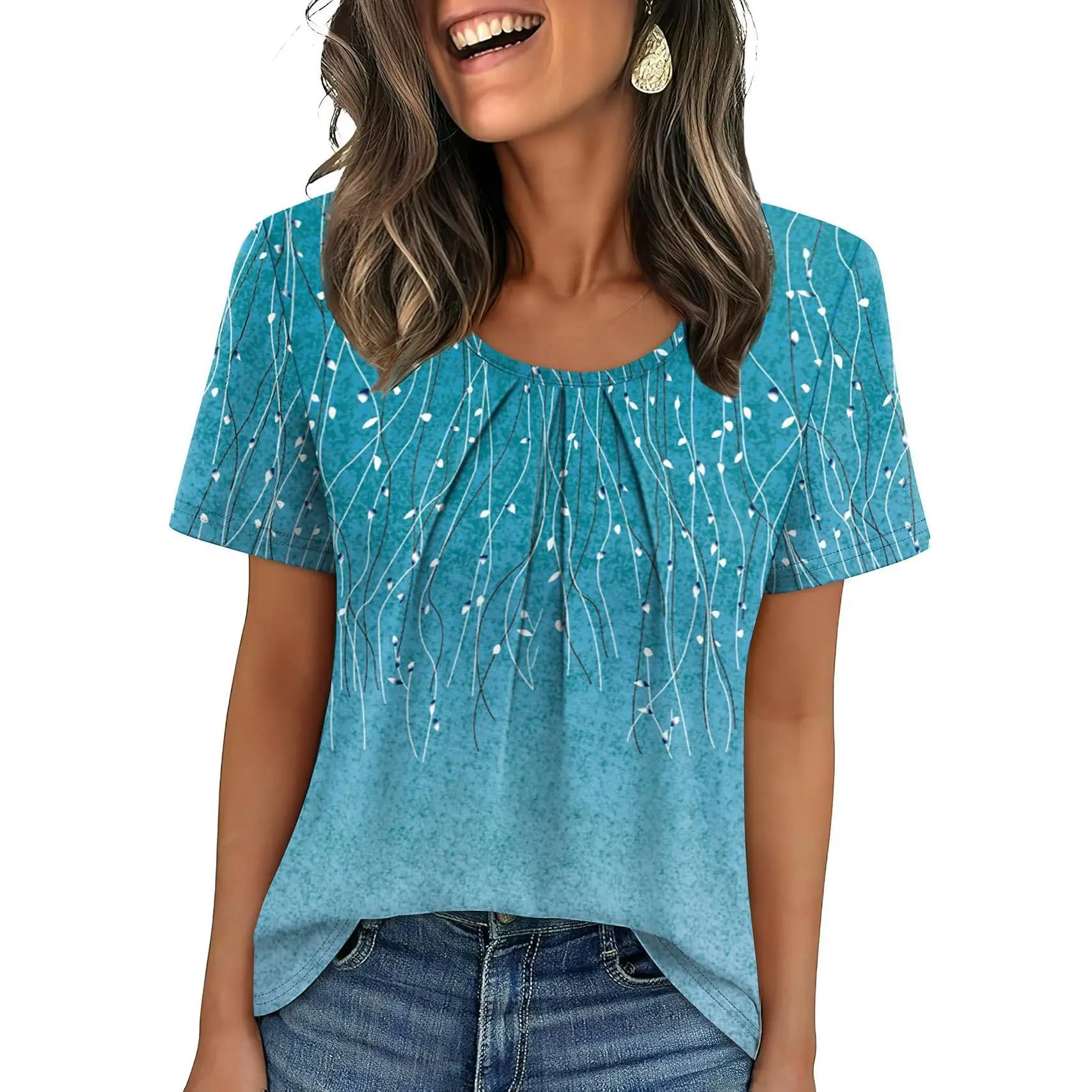 Women T Shirts Pleated Short Sleeve Tops Business Casual Dressy Blouses Crewneck Boho