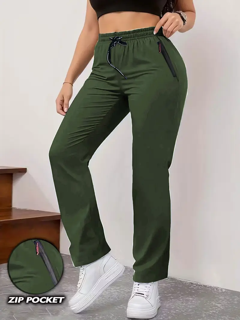 Women's Summer High-Waist Straight-Leg Casual Jogger Pants with Zipper Pockets Fitted Minimalist