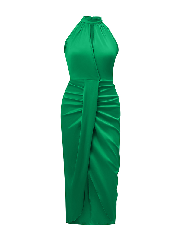 Hollow Pleated Solid Color Split-Joint Loose Sleeveless Stand Collar Midi Dresses