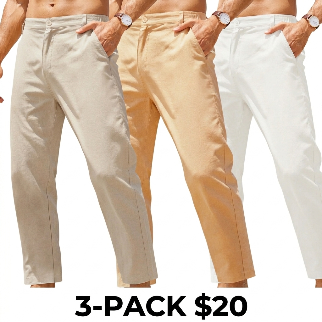 Men's Cotton Linen Slim Fit Pants – Elastic Waist Lightweight Casual Trousers with Pockets