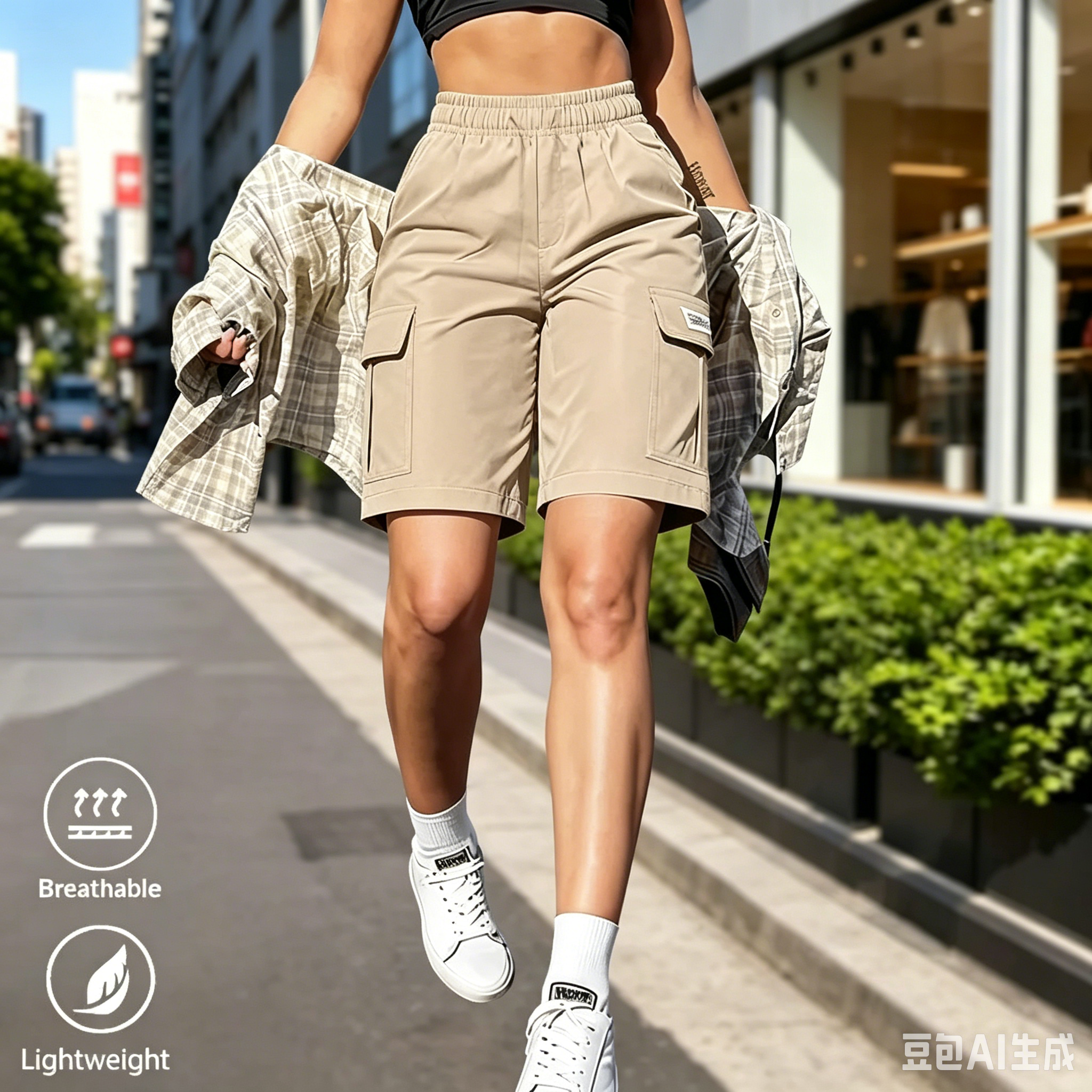 Women's Summer Cargo Shorts, featuring an elastic waistband, side pockets, and a drawstring.